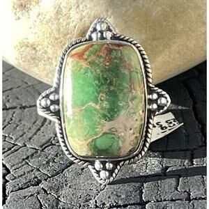Native Southwestern Style Sterling Silver Green Sea Sediment Jasper Ring Sz 9
